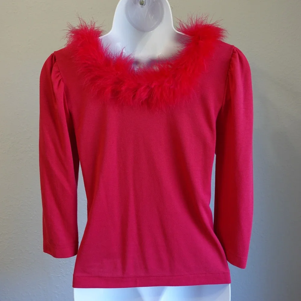 Vintage 80s Top Womens Medium Red Hot Pink Feather Trim‎ Collar Boa Retro Funky